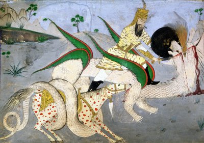 Konny wojownik atakujący smoka, ilustracja z książki o indyjskich mistykach (tusz na papierze naklejony na kartę) autorstwa School Indian