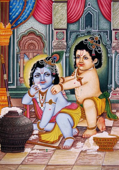 Bal Krishna z Balramem Miniatura malowana na papierze autorstwa School Indian