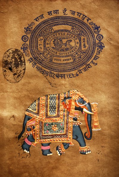 Słoń, ręcznie malowany i stary papier stemplowy, Jaipur, Radżastan, Indie autorstwa School Indian