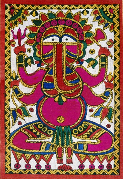 Bóg Ganesh z głową słonia (olej na tkaninie) autorstwa School Indian