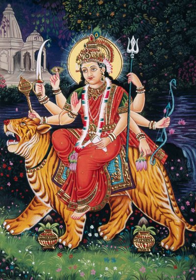 Bogini Durga miniaturowy obraz na papierze z haftem autorstwa School Indian