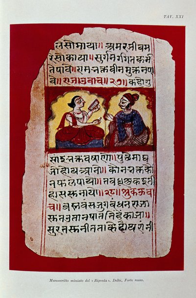 Ilustracja przedstawiająca stronę rękopisu Rigwedy (kolor lito) autorstwa School Indian