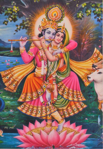 Kryszna i Radha (kolorowa litografia) autorstwa School Indian