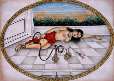 Dama delektująca się sziszą i drinkiem Miniatura malowana na papierze autorstwa School Indian