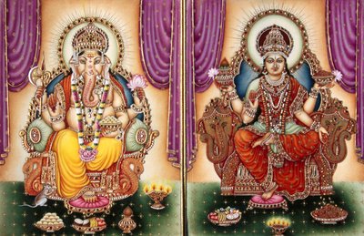 Pan Ganesh Ganpati Bogini i Lakshmi Miniatura malowana na kości słoniowej autorstwa School Indian