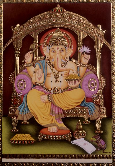 Miniaturowy obraz Lorda Ganesha Ganpati na papierze ze złotym tłoczeniem autorstwa School Indian