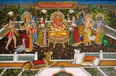 Pan Ganesh Ganpati z Brahmą, Wisznu, Sziwą, Durgą, Miniatura na papierze autorstwa School Indian