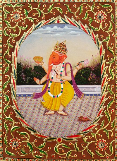 Miniaturowy obraz Lorda Ganesha Ganpati na papierze z haftem autorstwa School Indian