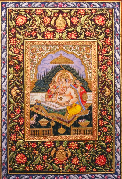 Miniaturowy obraz Lorda Ganesha Ganpati na papierze ze złotym tłoczeniem autorstwa School Indian