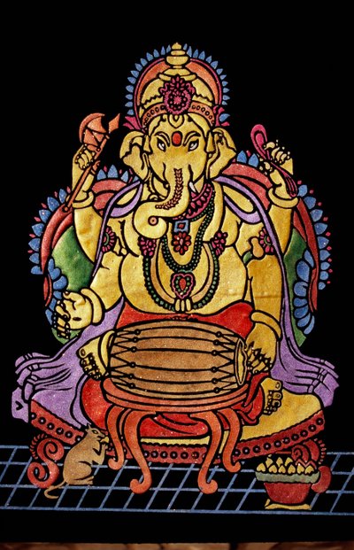 Pan Ganesha Ganpati grający na instrumencie muzycznym haftuje pracę autorstwa School Indian