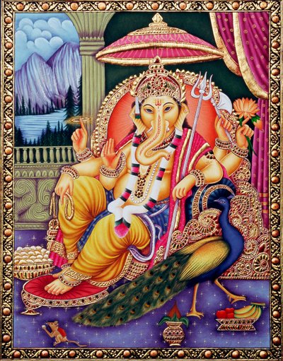Pan Ganesha Ganpati w miniaturze malowanej na papierze autorstwa School Indian