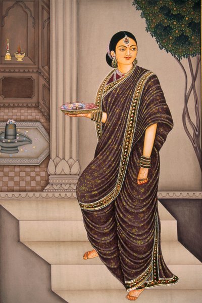 Marathi Lady Going To Temple Miniaturowy obraz na papierze autorstwa School Indian