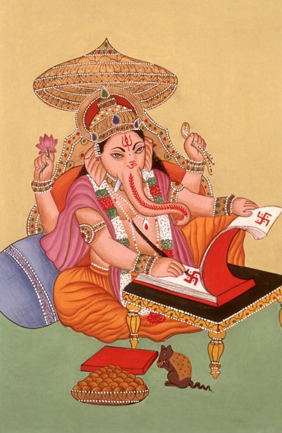 Miniatura Malarstwo Słoń Głowa Bóg Ganesh Ganpati, Indie autorstwa School Indian