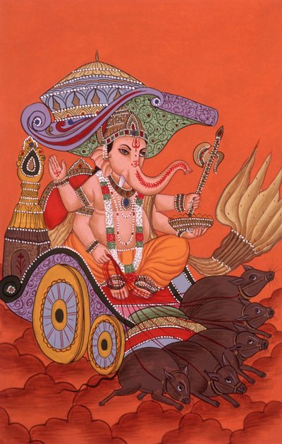 Miniatura Malarstwo Słoń Głowa Bóg Ganesh Ganpati, Indie autorstwa School Indian