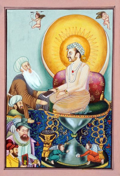 Miniatura przedstawiająca Abul Fazla wręczającego imię Akbar cesarzowi Mogołów Akbarowi autorstwa School Indian