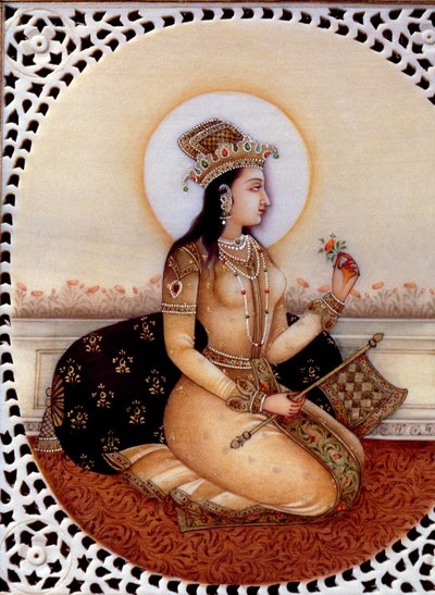 Miniaturowy obraz na kości słoniowej przedstawiający księżniczkę Mumtaz Mahal, żonę cesarza Mogołów Shah Jahana autorstwa School Indian