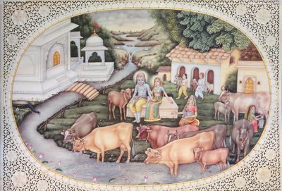 Miniatura przedstawiająca Krysznę, mleczarkę siedzącą na polu z bydłem (akwarela na kości słoniowej) autorstwa School Indian