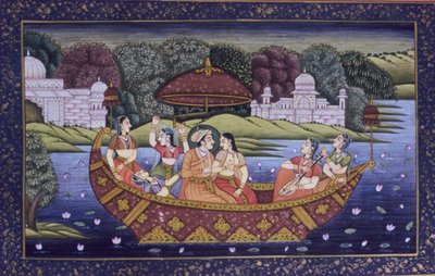 Miniaturowy obraz Mughal na papierze, scena miłosna króla i muzyka w łodzi autorstwa School Indian