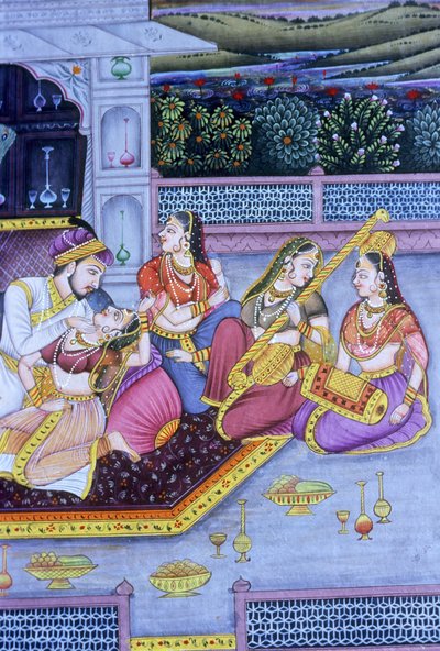 Miniaturowy obraz Mughal na papierze, scena miłosna autorstwa School Indian