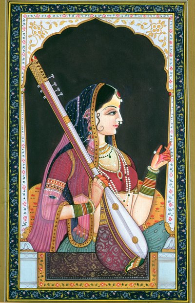 Muzykantka (gwasz i akwarela na papierze) autorstwa School Indian