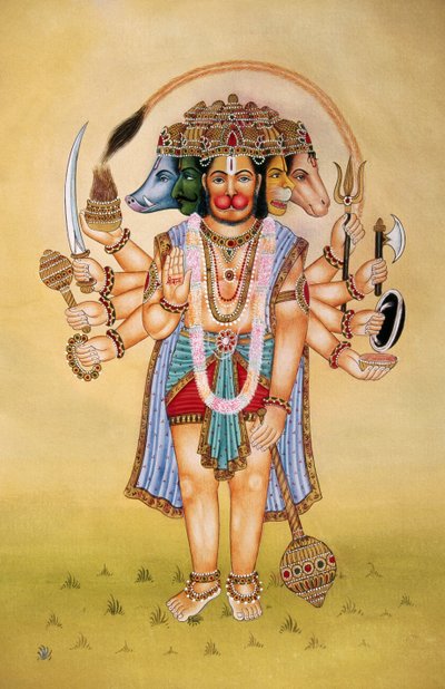 Panchmukhi Lord Hanuman Miniatura malowana na papierze autorstwa School Indian