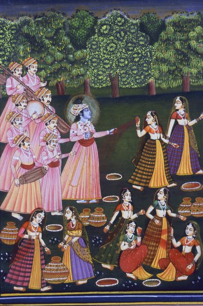 Zdjęcie Kryszny bawiącego się w Holi z Gopies (Nalkdwral Pichwai Chool), Indie autorstwa School Indian