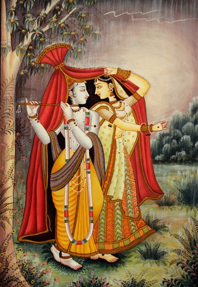 Miniaturowy obraz Radha Krishna w monsunie na papierze autorstwa School Indian