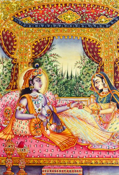 Miniaturowy obraz Radha Krishna na kości słoniowej autorstwa School Indian