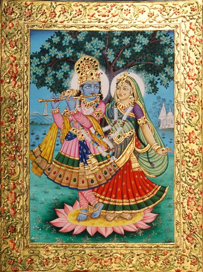 Miniaturowy obraz Radha Krishna na papierze ze złotym tłoczeniem autorstwa School Indian
