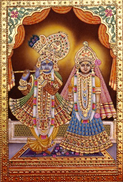 Radha Krishna ze złotym tłoczeniem autorstwa School Indian