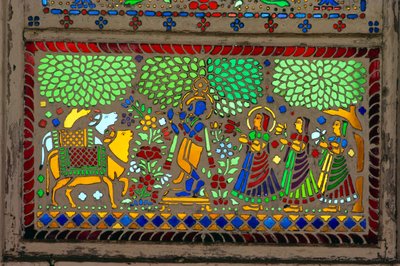 Radha Krishna z Sakhi na witrażu autorstwa School Indian
