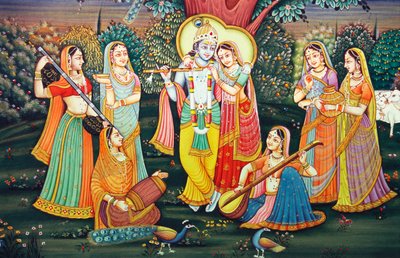 Radha Kryszna z Sakhis cieszą się muzyką autorstwa School Indian