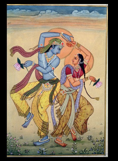 Radha i Kryszna (gwasz i akwarela na papierze) autorstwa School Indian