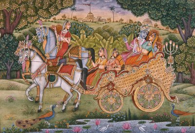 Radha i Kryszna (gwasz i akwarela na papierze) autorstwa School Indian