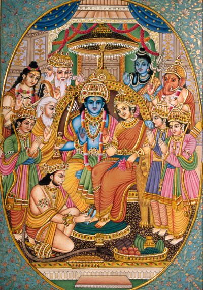 Ram-Darbar z innymi bogami Miniatura malowana na papierze autorstwa School Indian