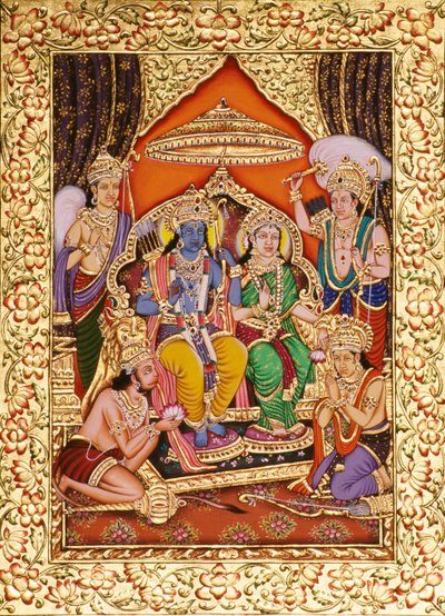 Ram Darbar w miniaturze malowanej na papierze ze złotym tłoczeniem autorstwa School Indian