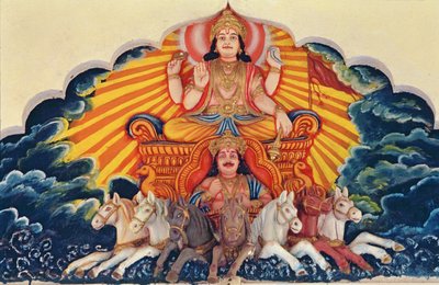 Surja Narajan, bóg słońca (malowana płaskorzeźba) autorstwa School Indian