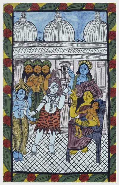Bogowie przychodzą podziwiać Krisznę, ucieleśniającą się w ciele pięknego dziecka, Ganesha (Ganesh lub Ganapati) siedzącego na kolanach swojej matki Parvati. Pat: malowana rolka z regionu Bengalu, służąca jako medium narracyjne dla śpiewaków Baoul (Baul).  autorstwa School Indian