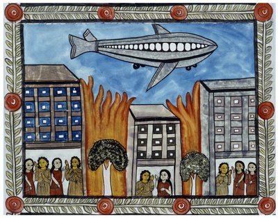 Historia ataków z 11 września 2001 roku opowiedziana przez handlarzy Baul z Bengalu. Obraz, seria, numer 6/9, Bengal. autorstwa School Indian