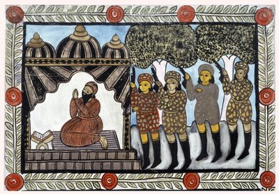 Historia ataków z 11 września 2001 roku opowiedziana przez handlarzy Baul z Bengalu. Obraz, seria, numer 1/9, Bengal. autorstwa School Indian