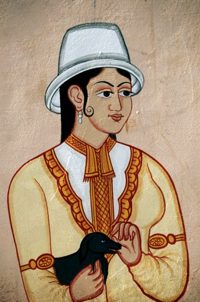 Malowidło ścienne przedstawiające brytyjską damę ze szczeniakiem, Jaipur, Radżastan, Indie autorstwa School Indian