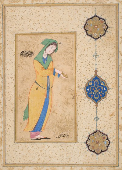 Houri stojąca w ogrodzie (nieprzezroczysta akwarela na papierze) autorstwa School Iranian