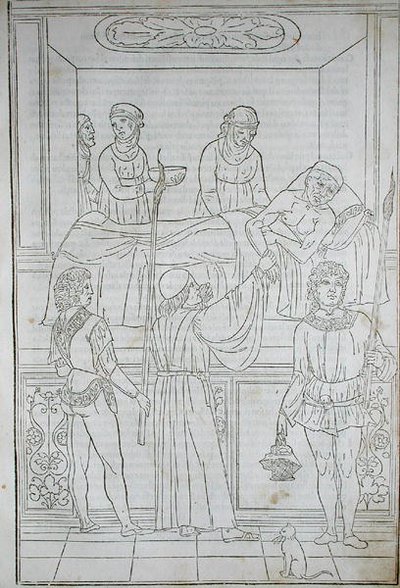 Lekarz odwiedzający pacjenta, z „Fascilulus Medicinae” Johannesa de Ketham (zm. 1490) XV-XVI w. (drzewryt) autorstwa School Italian