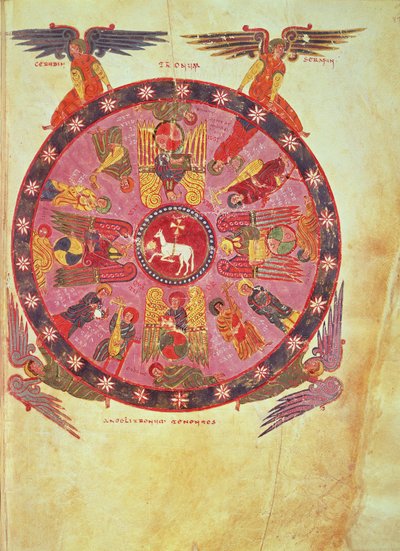 Ms. M. 644 f.87 Objawienie 4:4 Adoracja Baranka przez dwudziestu czterech Starców, kopia z "Komentarza do Apokalipsy" autorstwa Beatusa z Liebany i Valcavado, 776 (welin) autorstwa School Italian