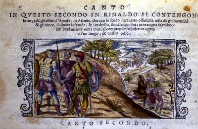 Po prawej Angelique (Angelica) spotyka pustelnika, który zatrzyma walkę między Renaudem (Rinaldo) i Sacripantem (Sacripante) o konia Bayard - Scena zaczerpnięta z rycerskiego poematu „Orlando Furioso” (Le Roland Furieux) Ludovica Ariosto ( 1474-1533) autorstwa School Italian