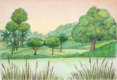 Prehistoria - Trzeciorzęd - rekonstrukcja środowiska naturalnego (litografia kolorowa) autorstwa School Italian