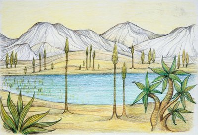 Prehistoria - Trias - rekonstrukcja środowiska naturalnego (litografia kolorowa) autorstwa School Italian