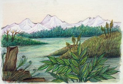 Prehistoryczne - rekonstrukcja środowiska naturalnego (litografia kolorowa) autorstwa School Italian