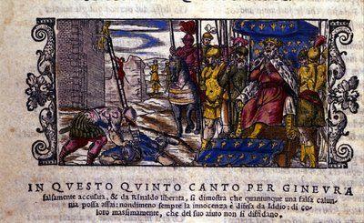 Księżniczka Ginevra jest niewinna, a walka oszczercy z nieznanym rycerzem, który przybył bronić Ginevry, zostaje przerwana. scena z poematu rycerskiego „Orlando Furioso” (Wściekły Roland) Ludovica Ariosto (1474 - 1533) zwanego L