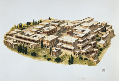 Rekonstrukcja pałacu w Knossos, Kreta, XX w. p.n.e. (kolor lito) autorstwa School Italian